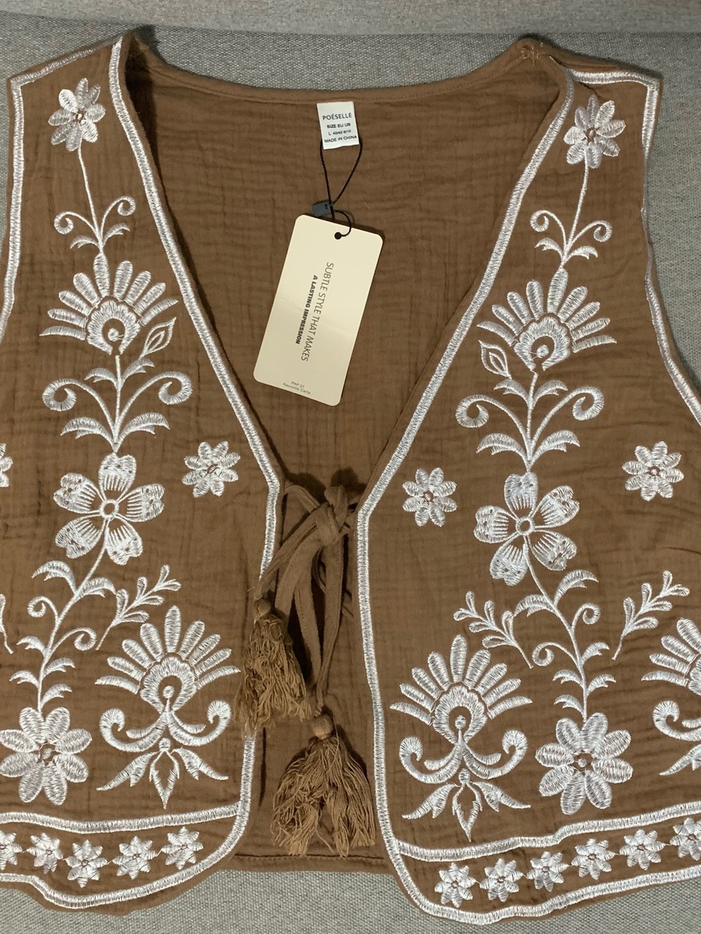 Brown Embroidered Cotton Vest with Tassel Tie - Picture 3 of 4